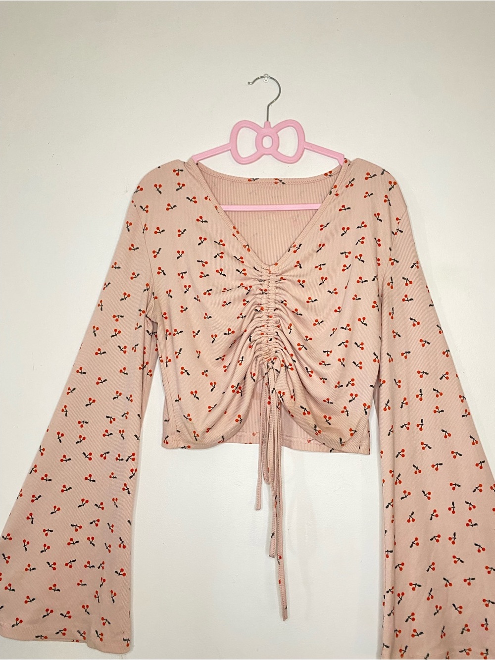 SHEIN Cherry Print Ruched Bell Sleeve Crop Top Y2K Coquette Fairycore XL
